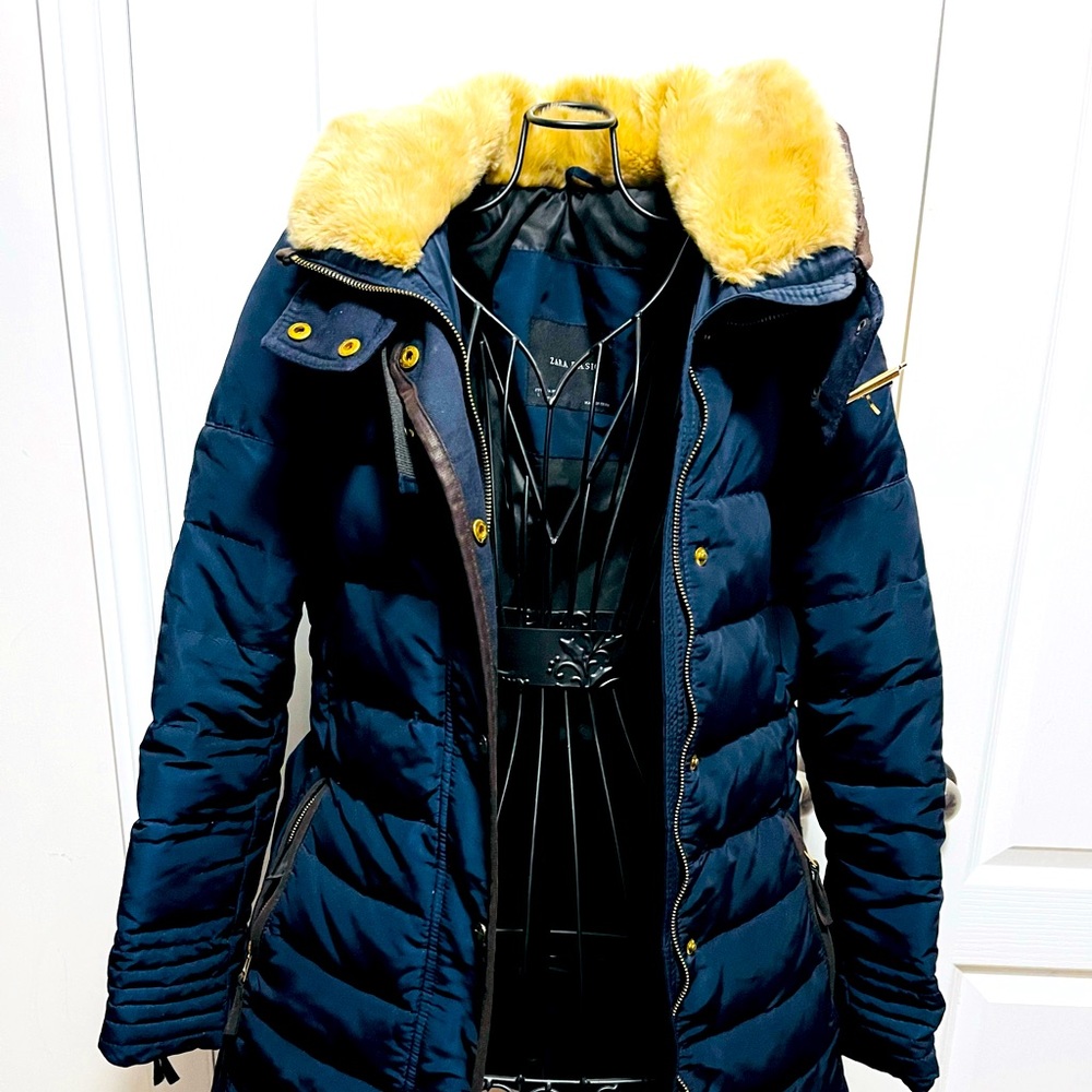 Zara winter coat with duck feather filling and fur collar.